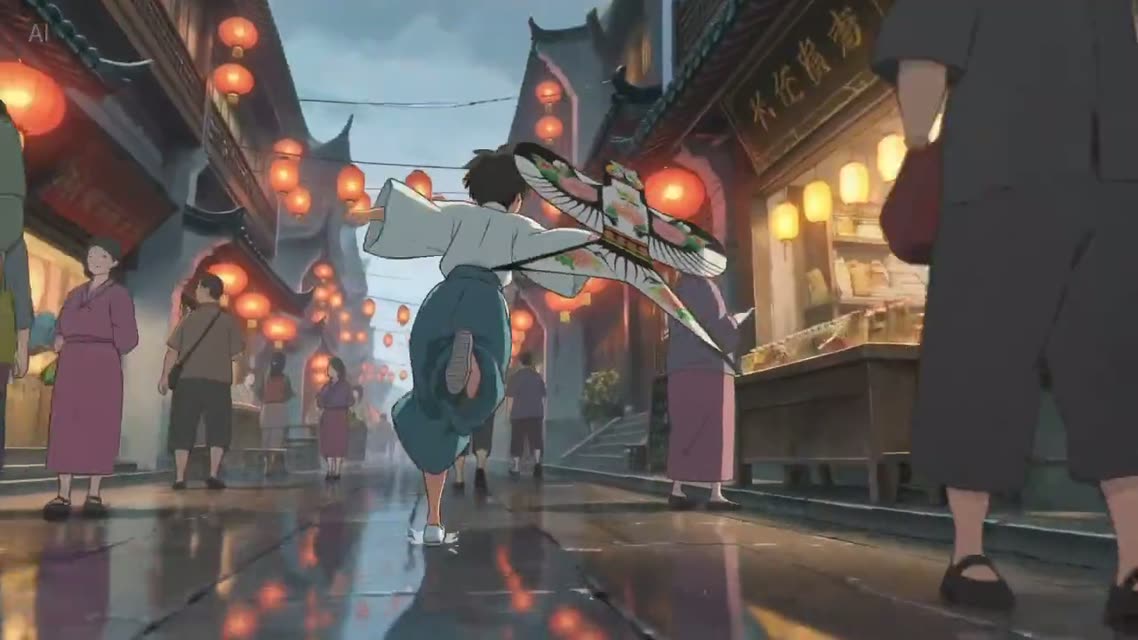 Ink-wash anime kite chase