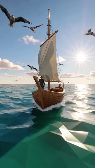 Low-poly sailboat on the ocean