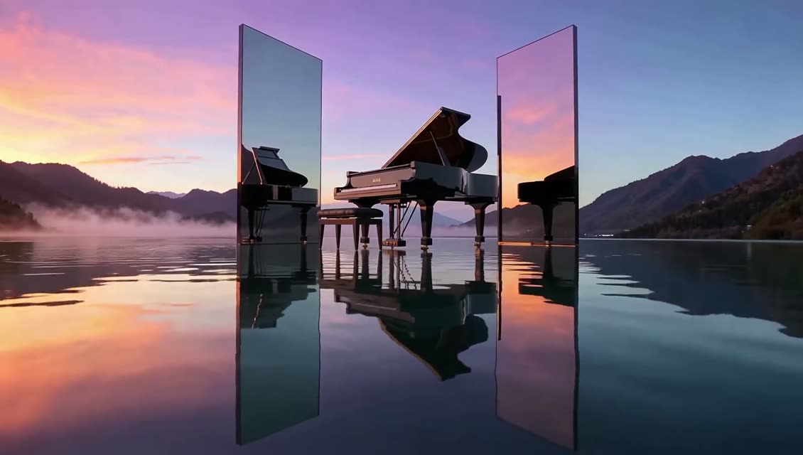 Mirror pianos on a sunset lake