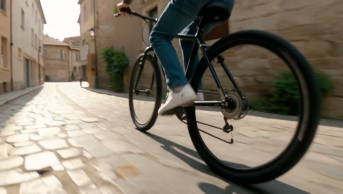 Cyclist racing through an old town